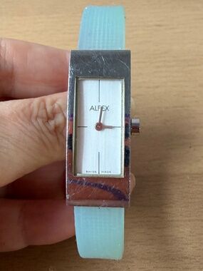 Vintage Alfex Watch Aqua Blue Transparent Silicone Band Silver Tone Deployment